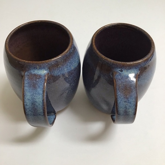 Studio Art Pottery BIG Coffee Mug PAIR Tea SIGNED Blue Brown Speckle Glaze USA - Picture 1 of 16